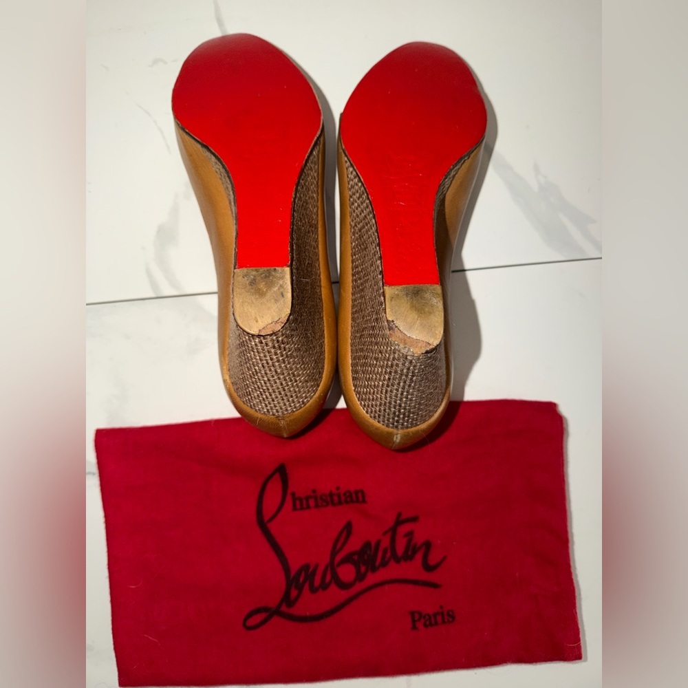 Christian Louboutin Tan Leather Wedge Espadrilles Red Bottom PeepToe Heels EU40 - Picture 7 of 13